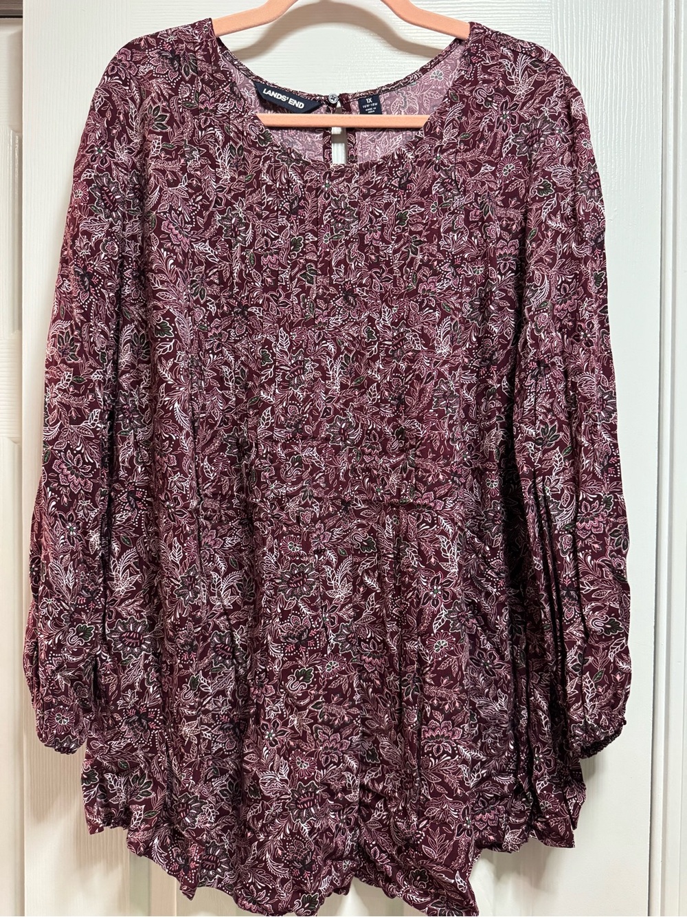 Lands' End Maroon Floral Pleated-Front Blouse